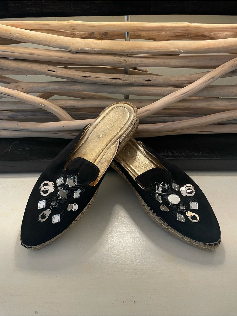 Prada Black Suede Bijou Pointed Toe Mule Shoes Mirror Metallic Accents Summer 10